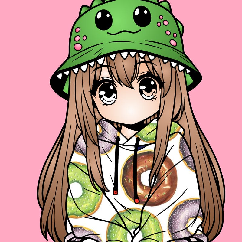 girl with anime shaped eyes with a dinosaur bucket hat oversized sweatshirt long straight hair