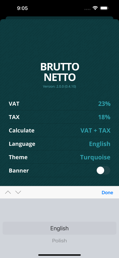 Settings screen of the Brutto Netto calculator app showing tax rates and language selection