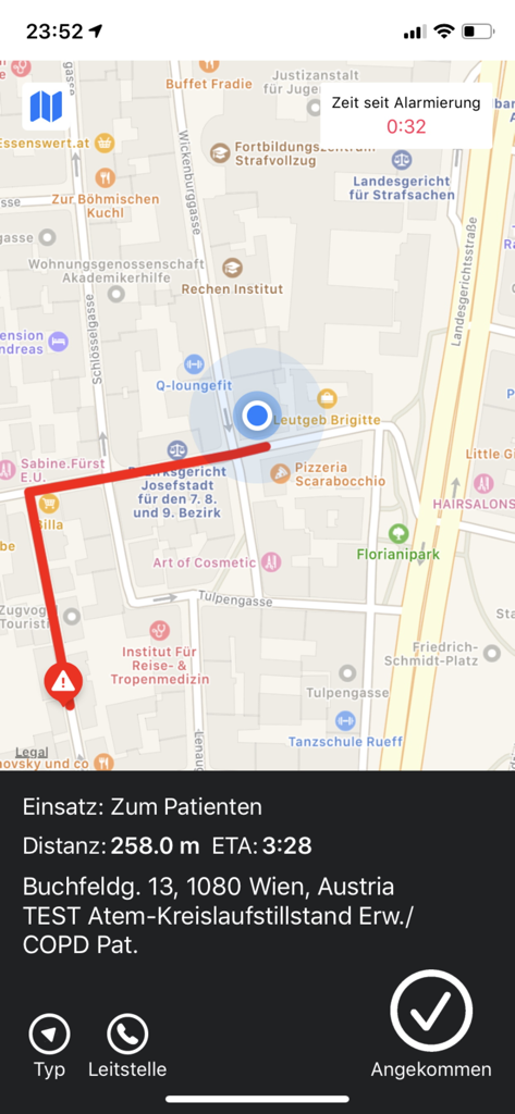 Teamösterreich LEBENSRETTER - Emergency navigation screen in the Team Austria Lifesaver app showing a map route to a patient with cardiac arrest.