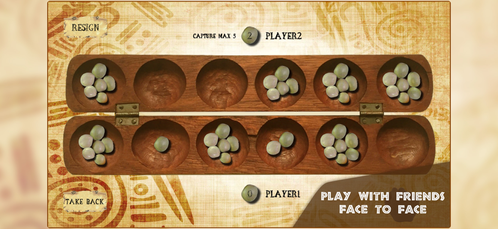 Digital Oware board game interface showing a wooden board with green seeds for two players face to face