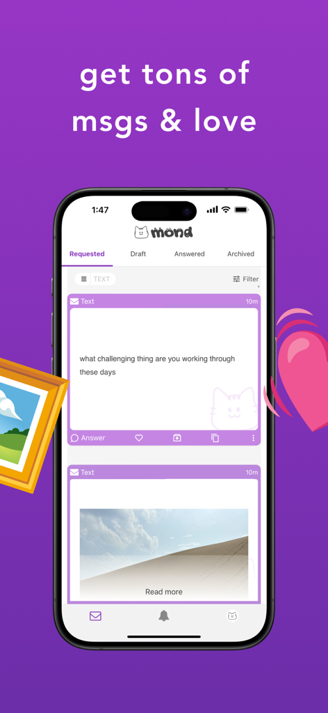 The inbox of the mond app showing anonymous messages and questions.