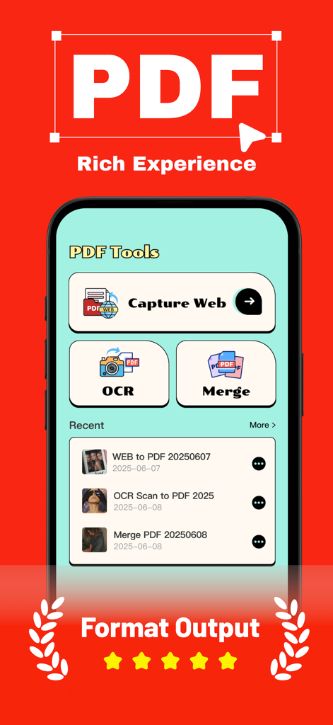 Interfaccia dell'app mobile Format Output che mostra strumenti di conversione PDF come OCR e cattura web
