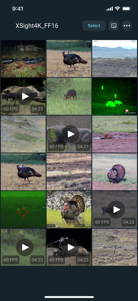 ATN Obsidian 4 - Smartphone screen displaying a gallery of hunting photos and videos captured with ATN smart optics.
