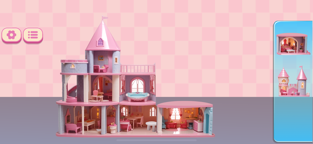 My Toy Set Mobile Game - A digital pink and purple toy castle dollhouse with various rooms in a mobile game interface