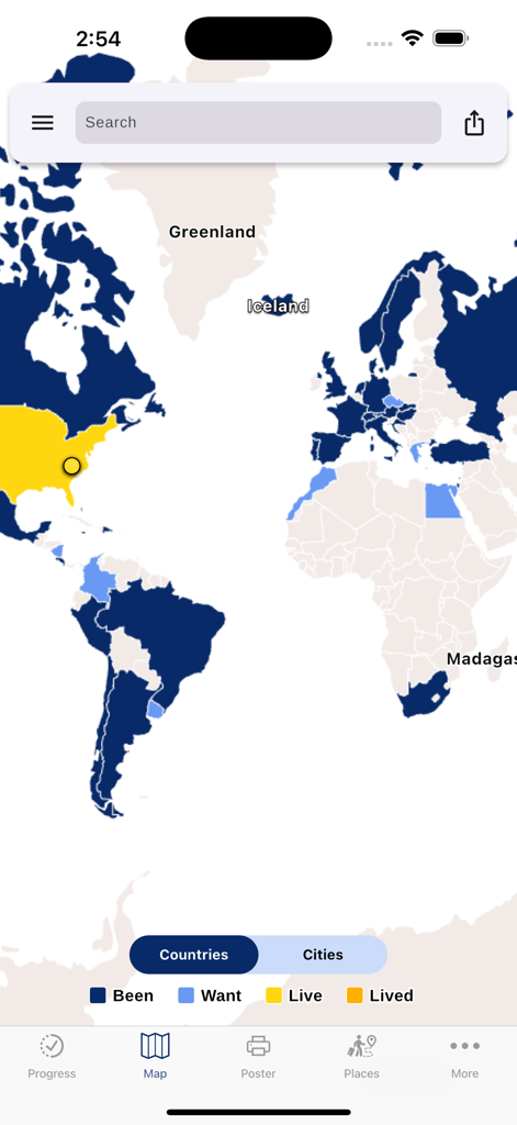 Visited: Travel Tracker & Map - World map view in the Visited app showing color coded tracking for countries visited and planned