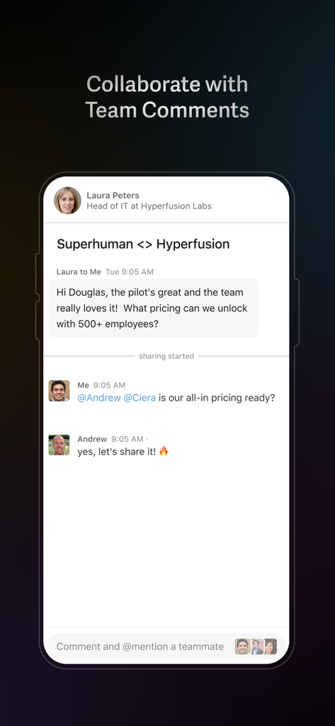 A screenshot of Superhuman Mail showing the team comments feature where users can @mention teammates to collaborate on an email thread.
