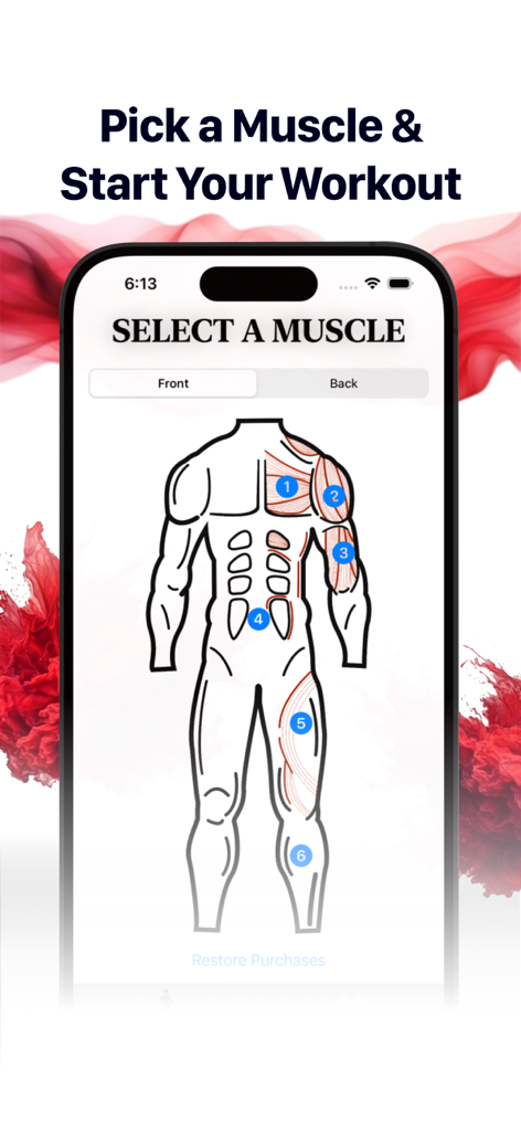 Gym Book: Exercise Workout App - Interface of Gym Book app showing an interactive anatomical muscle diagram for selecting targeted workout exercises.
