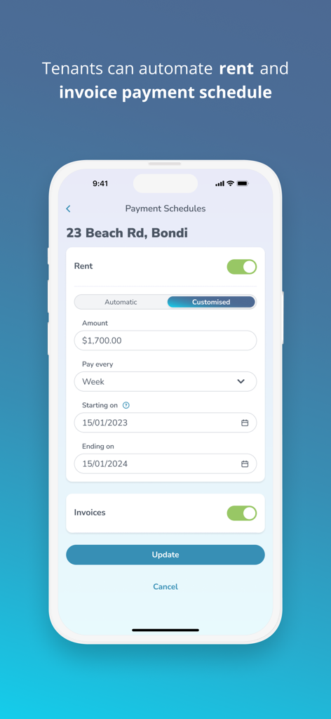 PropertyMe - Interface of PropertyMe app showing tenant rent and invoice payment schedule automation options