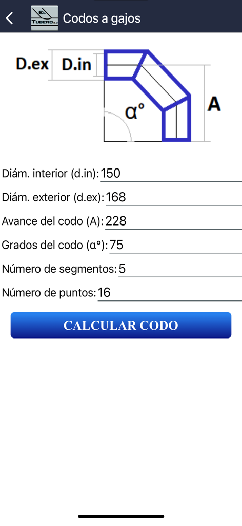 Pantalla de la aplicación El Tubero 2.0 para cálculos de tubería de codo a inglete