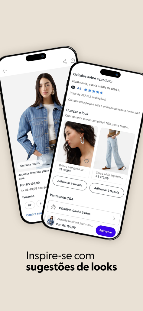 Schermate dell'app mobile C&A che mostrano i dettagli del prodotto giacca di jeans e suggerimenti di outfit con recensioni dei clienti