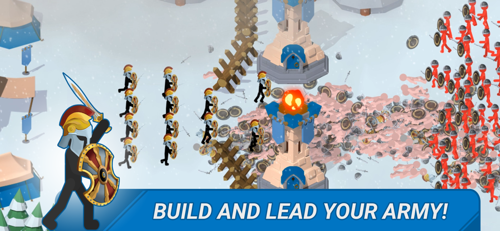 War of Sticks - Stickman warriors in battle formation with defensive towers in the War of Sticks strategy game