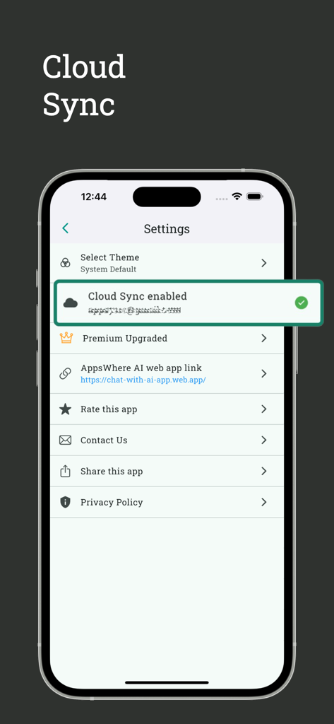 AI GPT Chat Bot - AppsWhere - Cloud-Sync-Einstellungen im mobilen AI-GPT-Chatbot, wobei die Synchronisation aktiviert ist.