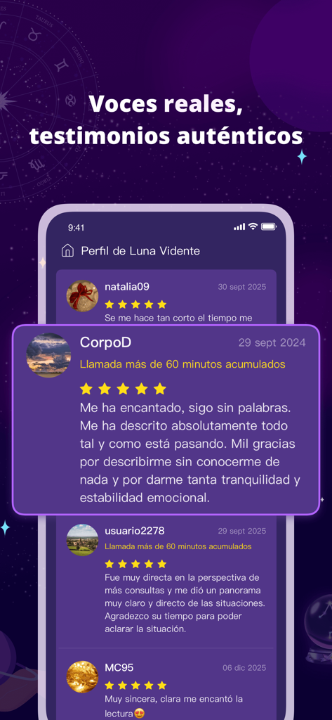 Mobile app screen showing 5-star user reviews and authentic testimonials for psychic advisors in the Salvia app.