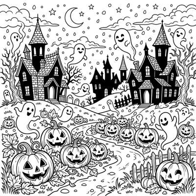 Step into a delightful haunted landscape perfect for Halloween! This coloring page features spooky houses, cheerful ghosts, and glowing jack-o'-lanterns under a sky where pea-sized hailstones gently fall.