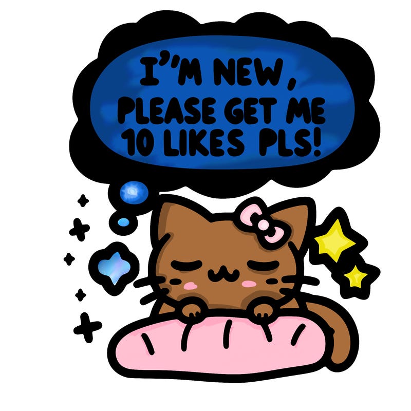 kitty taking a nap dream talking and saying "i'm new, please get me at least 10 likes pls!!"
