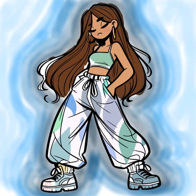 girl in baggy pants crop top and long hair