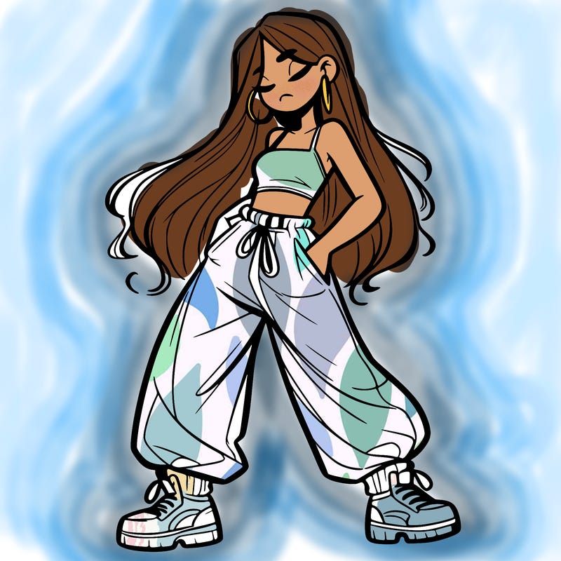 girl in baggy pants crop top and long hair
