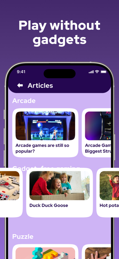 Offline Puzzle Games - No WiFi - Articles section of the Offline Puzzle Games app showing gaming news and categories