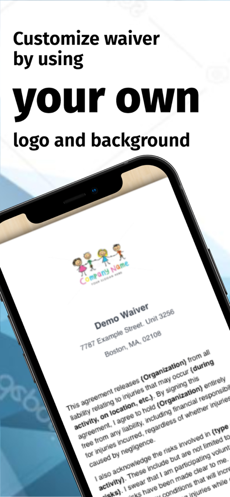 WaiverElectronic-Online Waiver - Smartphone che visualizza una liberatoria digitale personalizzabile con il logo dell'azienda