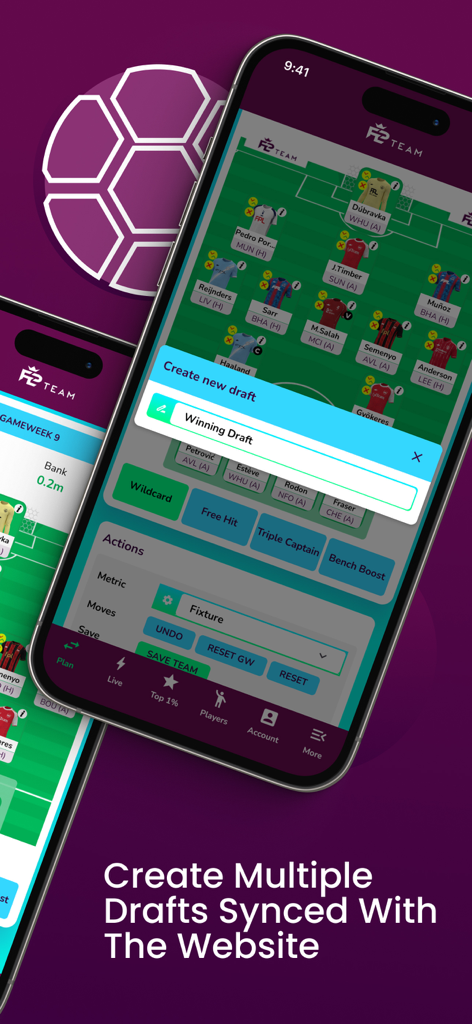 A mobile interface for the FPL Team app showing how to create and sync multiple fantasy soccer drafts