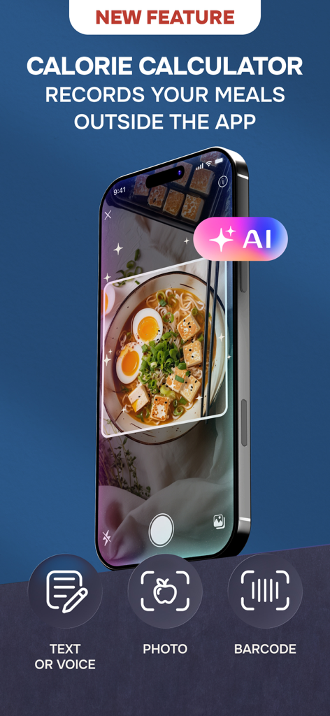 Diet & Training by Ann - 写真、テキスト、またはバーコードによる食事記録を表示するDiet and Training by AnnアプリのAIカロリー計算機能。