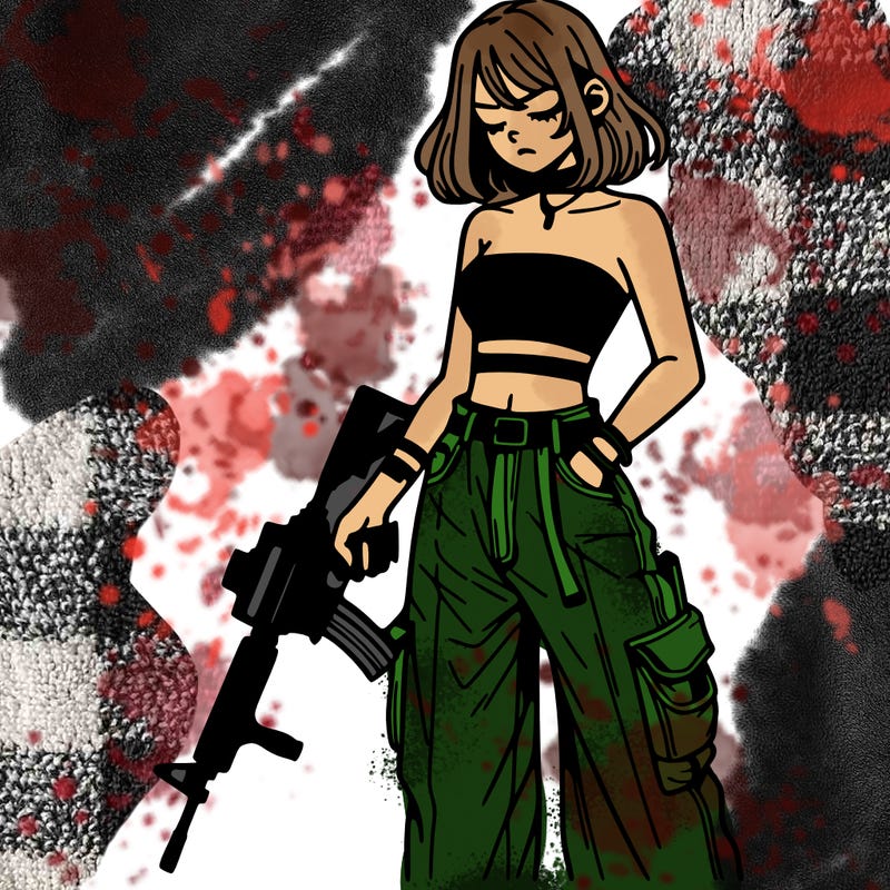 a dangerous girlcrop top and baggy jeans with a rifle in her hand