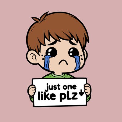 realistic crying boy with a sign saying just one like plz