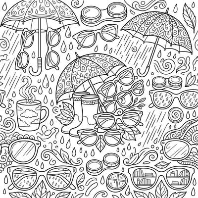 Dive into a charming scene where stylish eyewear meets the comforting embrace of a rainy day. This intricate coloring page features fashionable glasses, cozy umbrellas, and hints of indoor warmth, offering a delightful escape for your creative mind.