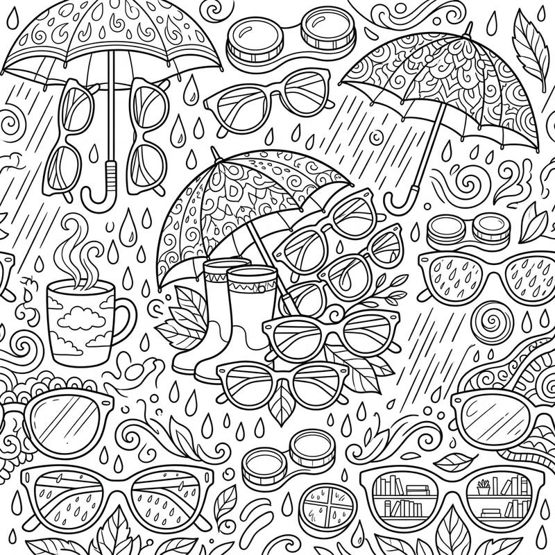 Dive into a charming scene where stylish eyewear meets the comforting embrace of a rainy day. This intricate coloring page features fashionable glasses, cozy umbrellas, and hints of indoor warmth, offering a delightful escape for your creative mind.