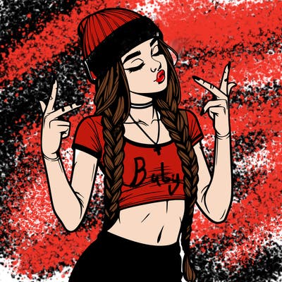 realistic teenage girl with braids and a beanie and crop top doing 🫶🏼