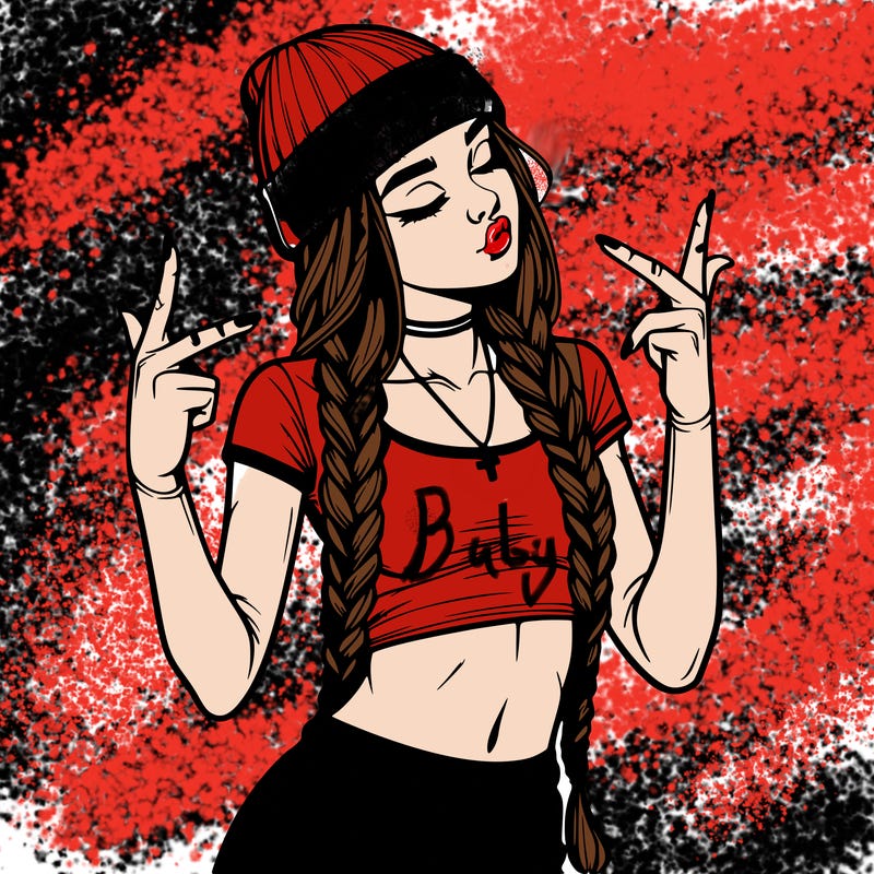 realistic teenage girl with braids and a beanie and crop top doing 🫶🏼
