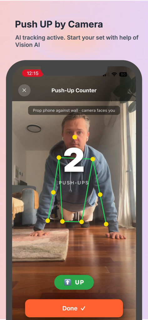 Uma pessoa usando o aplicativo Desafios PushUP, que utiliza IA de Visão para rastrear e contar flexões através da câmera do telefone.