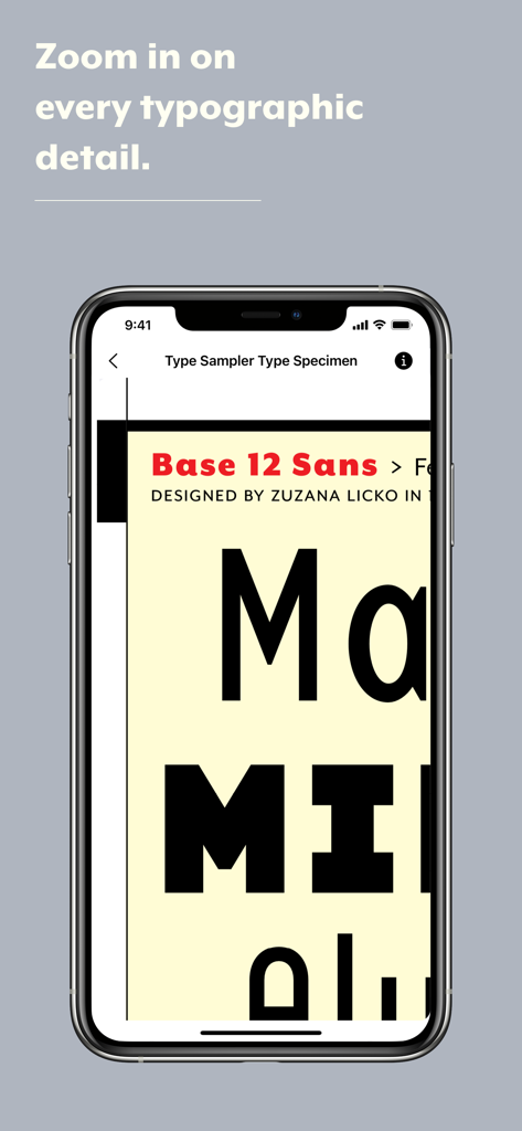 Emigre Fonts - Close up view of a font specimen in the Emigre Fonts app highlighting typographic details