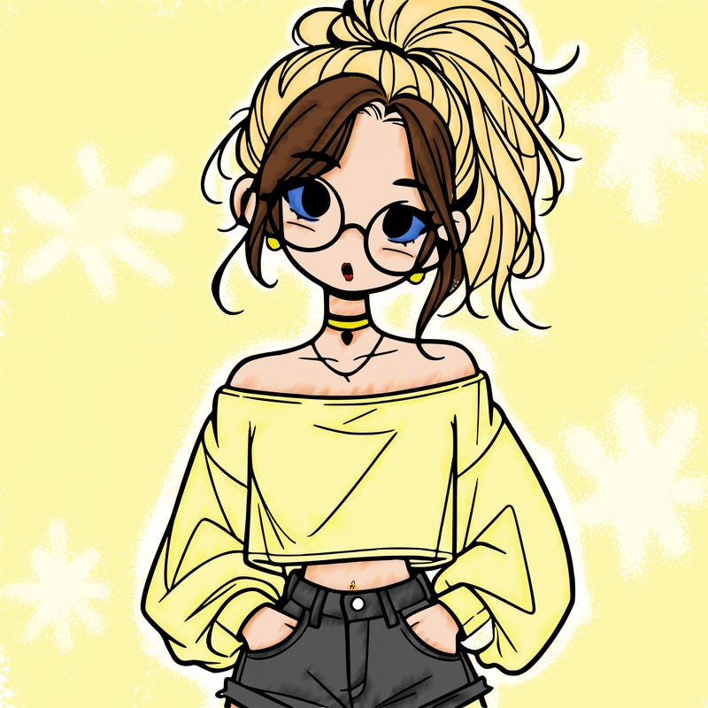 girl with a messy ponytail glasses a baggy crop top and jean shorts