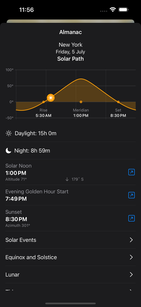 Weather Gods - Weather Gods app Almanac screen displaying solar path graph and sun event times for New York