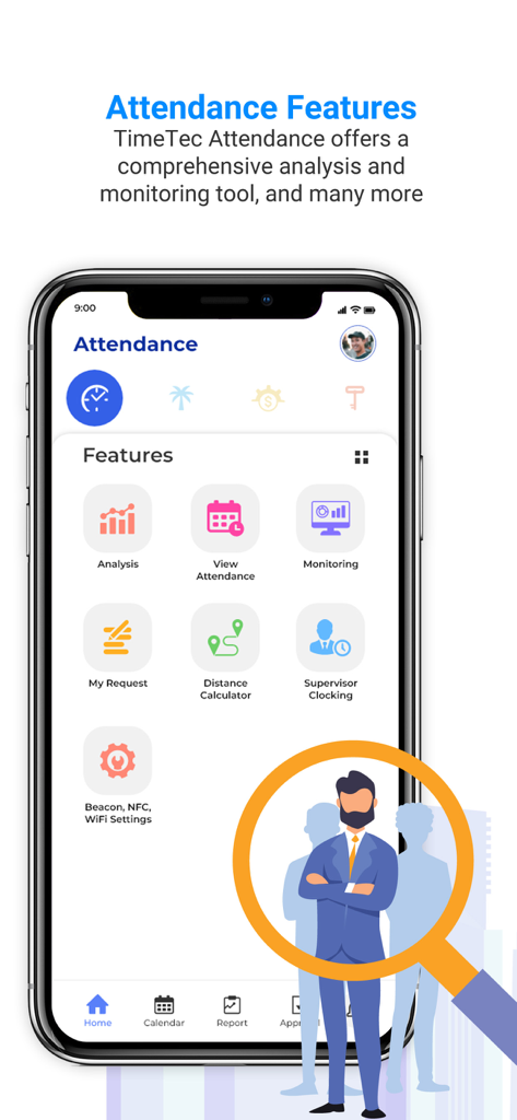TimeTec HR - TimeTec HR mobile app interface showing attendance management features including analysis monitoring and supervisor clocking