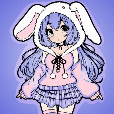pretty anime girl wearing a fluffy hoodie with bunny ears on the hood and a skirt