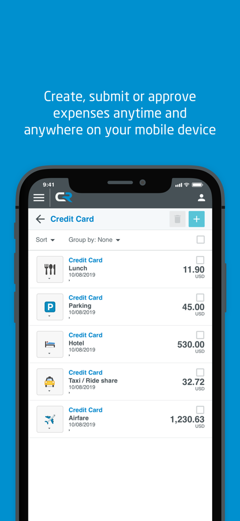 Chrome River mobile app interface showing a list of business credit card expenses including hotel and airfare