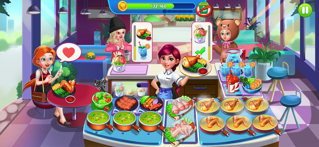 Cooking Journey: Cooking Games - Lo Chef Ashley serve piatti di cibo ai clienti in un caffè affollato
