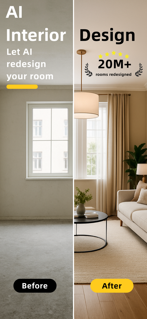 Interior Design：AI Spacely - AIインテリアデザインを使用した前後の空の部屋と完全に家具が配置されたリビングルームを示す分割画面比較。