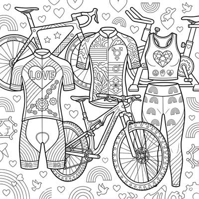 Hit the road with this inspiring cycling activewear and bike coloring page, celebrating Pride with every pedal stroke. Discover intricate designs featuring rainbows, hearts, and diverse symbols, perfect for expressing your creativity and support.