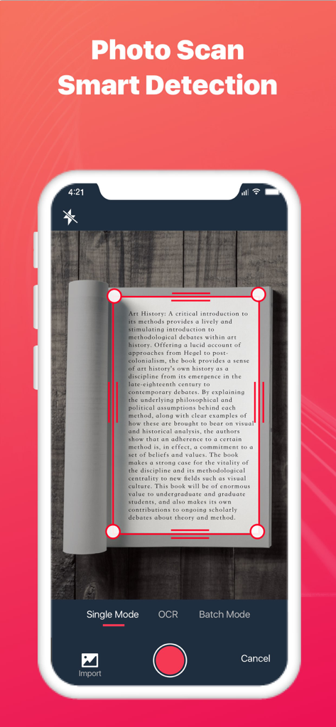Text Scanner - Image to Text - Text Scanner App-Oberfläche, die die intelligente Erkennung und Randerkennung beim Scannen einer Buchseite zeigt