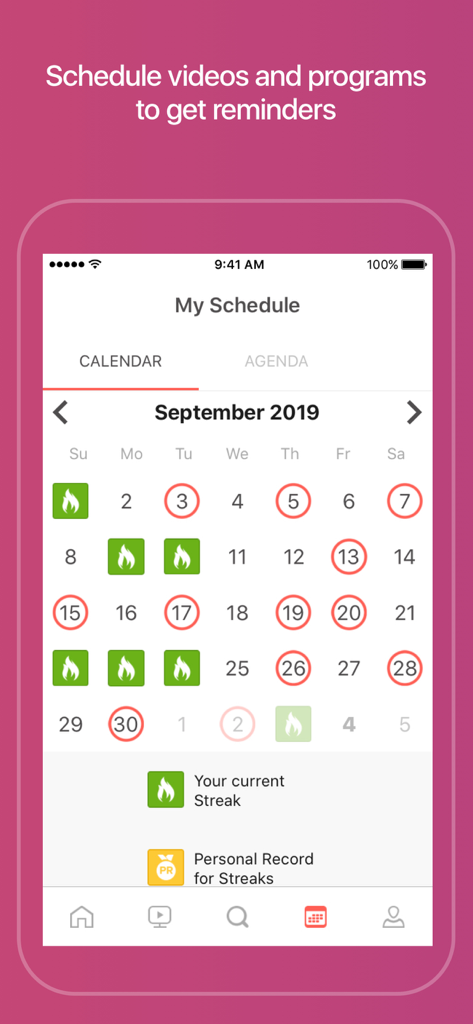 Grokker: Yoga, Fitness, Mind - A mobile screen showing the Grokker app workout schedule with a monthly calendar view and activity streaks