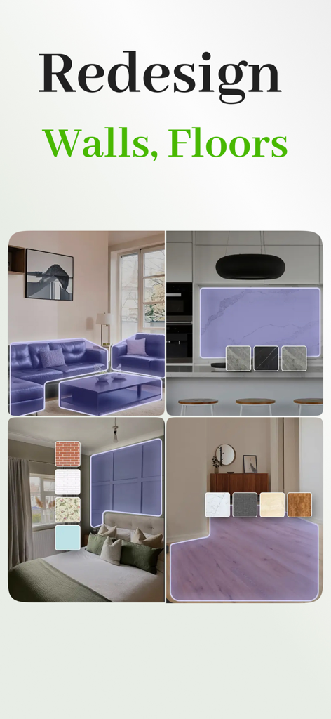 Home AI Interior Design - Homi - A four-panel showcase of the Homi app feature for redesigning walls and floors using AI with material swatches for a living room, kitchen, and bedroom.