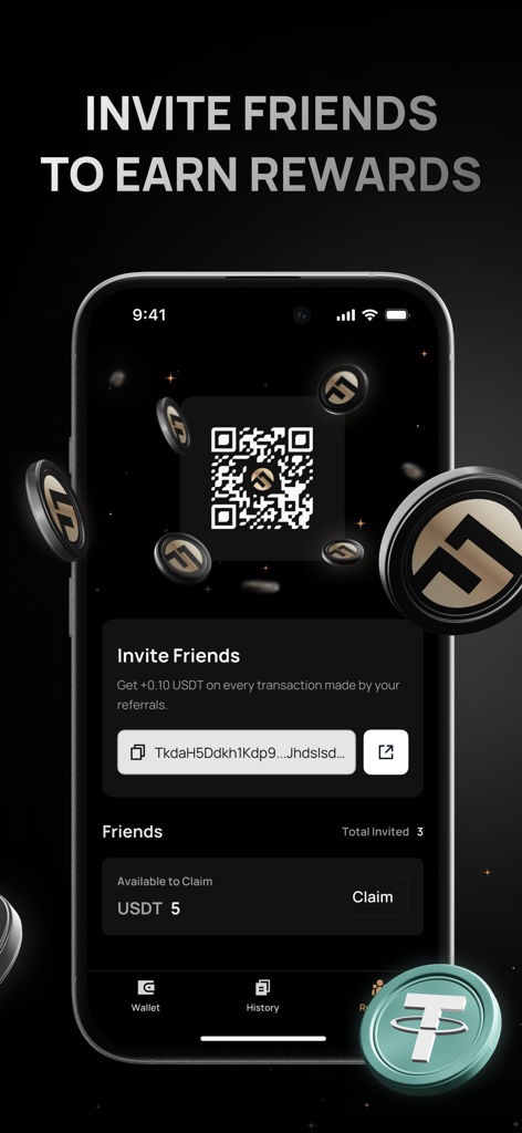 FG Walletの紹介プログラムで友人を招待してUSDT報酬を獲得できることを示す携帯電話画面。
