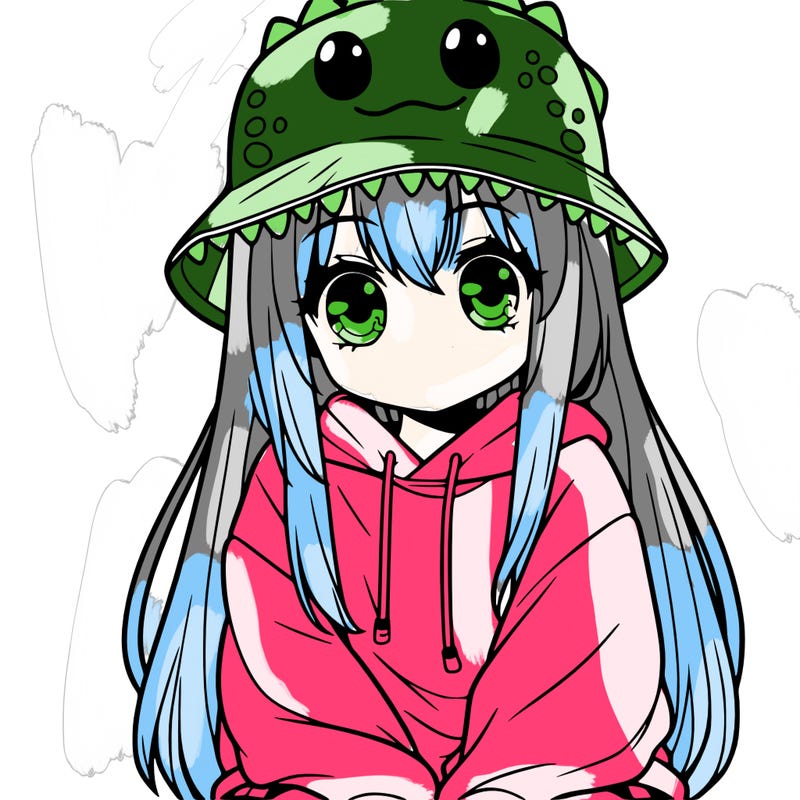girl with anime shaped eyes with a dinosaur bucket hat oversized sweatshirt long straight hair