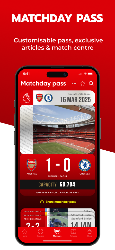 Gunners - Live Scores & News - Gunners app interface showing a customizable matchday pass for an Arsenal versus Chelsea match with live scores and stadium information