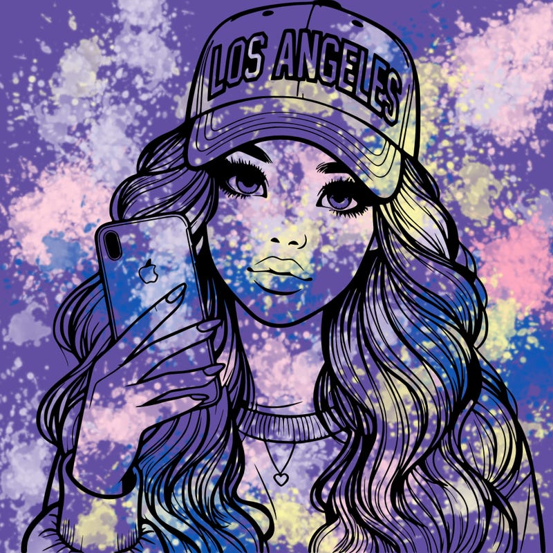 realistic beautiful girl wearing los ángeles cap holding an iphone