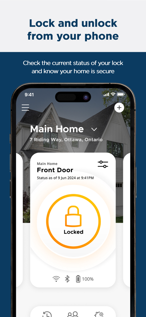 Un smartphone affichant l'interface de l'application Weiser avec un grand bouton circulaire orange indiquant que la porte d'entrée est verrouillée.