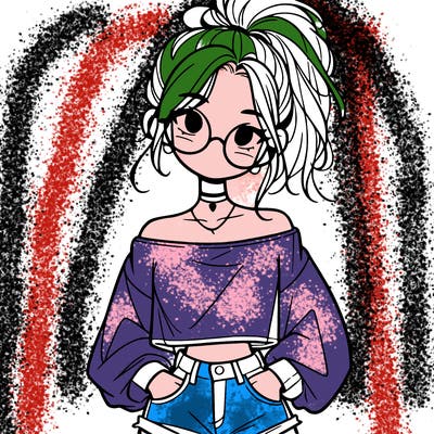 girl with a messy ponytail glasses a baggy crop top and jean shorts